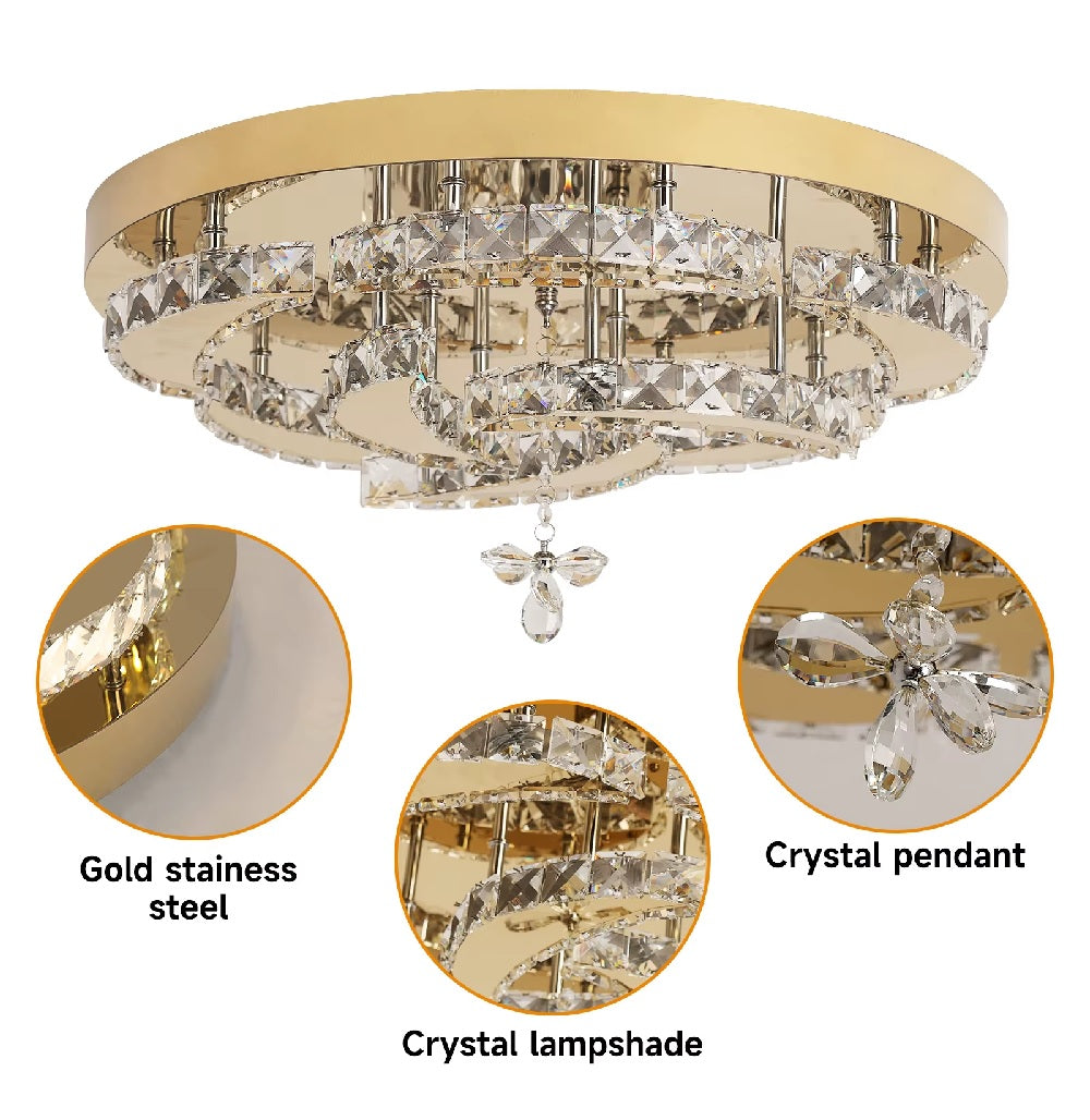 LuxiLamps - Flower Ceiling Lamp - Crystal - Dimmable With Remote Control - Gold - LED Ceiling Lamp - Living Room Lamp - Modern Lamp - Chandelier