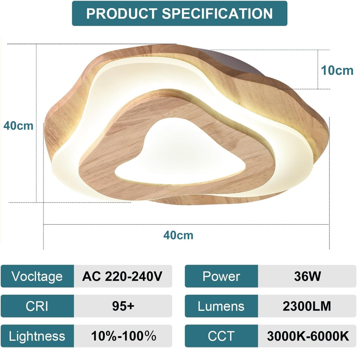 LuxiLamps - Wooden Ceiling Lamp - LED Cloud Model - 40 cm - Dimmable With Remote Control - 2800lm - Modern Living Room Lamp - 35W