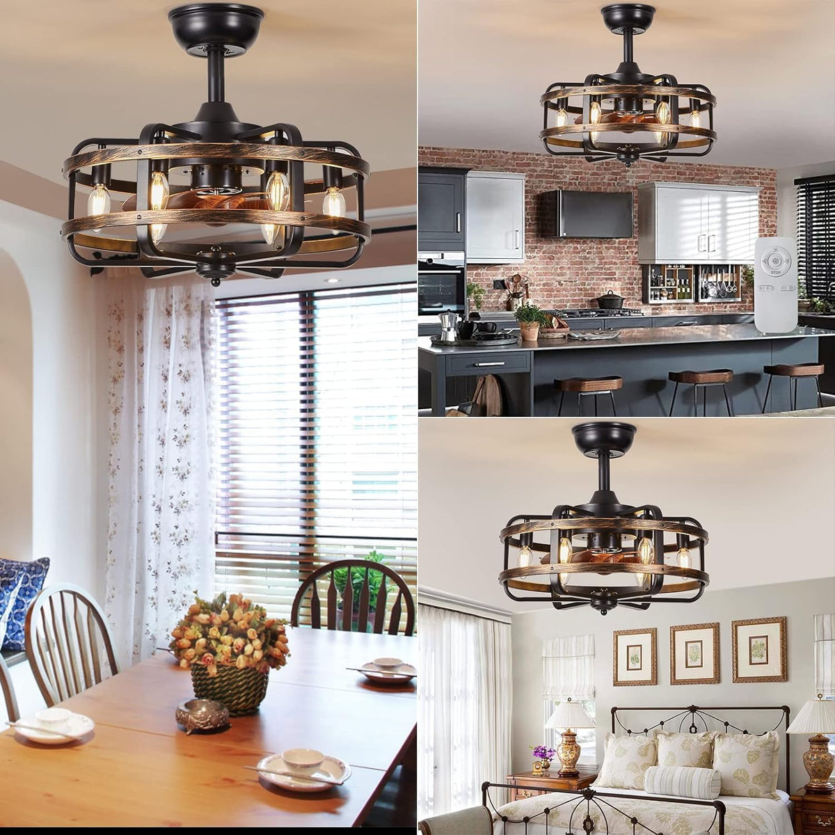 LuxiLamps - Cage Fan - Modern Ceiling Fan - Black/Brown - 3 Speeds - 50 cm - Dimmable With Remote Control - Chandelier Fan - Living Room Lamp