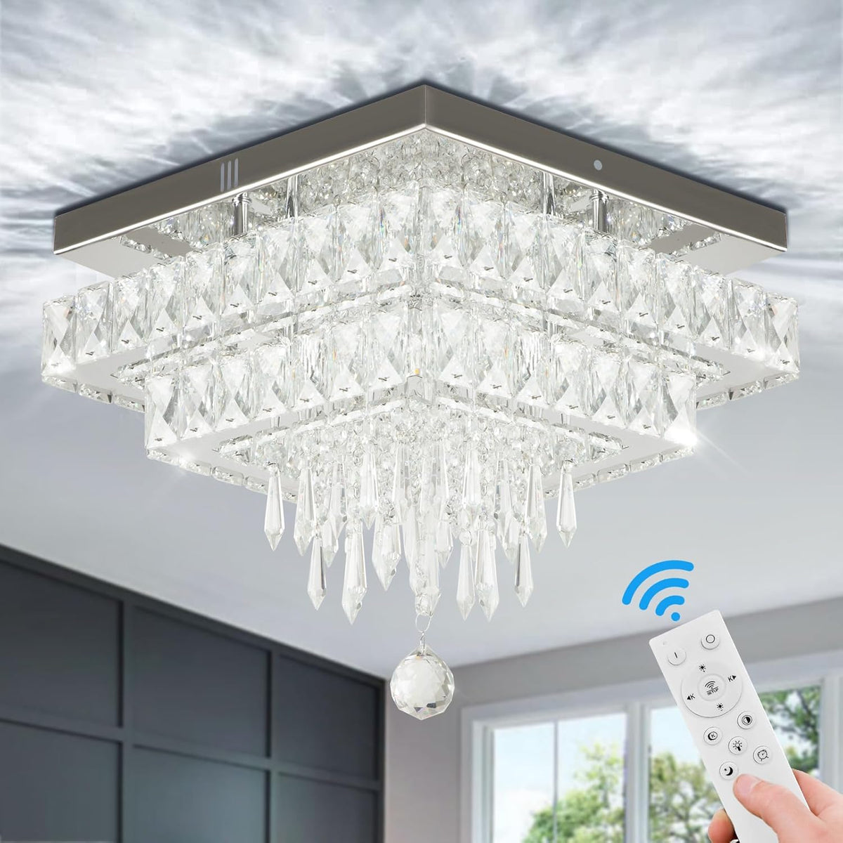 LuxiLamps - Crystal Chandelier - LED Ceiling Light - Chrome Chandelier - 2 Tiers - Dimmable With Remote Control & APP - Lighting - Kitchen - Bedroom - Living Room - Ceiling Lighting