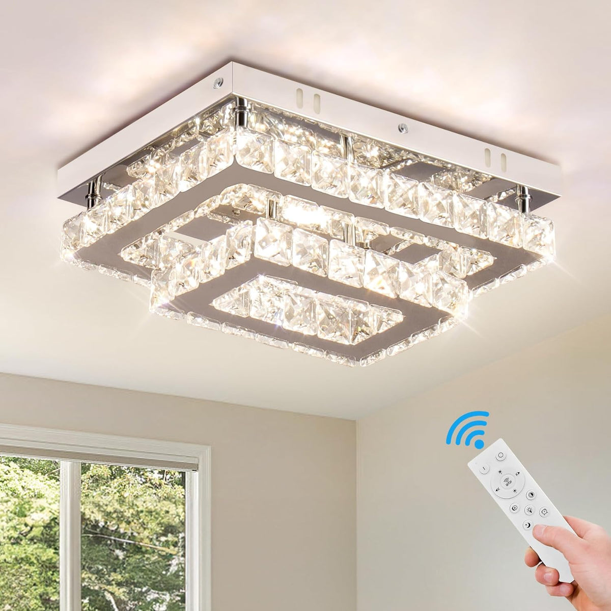 LuxiLamps - Crystal Ceiling Lamp - LED - Crystal - K9 Chrome Chandelier - With Remote Control - Dimmable - Lighting - Kitchen - Bedroom - Living Room - Flush Mount