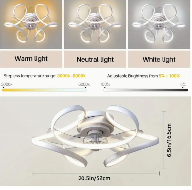 LuxiLamps - Curly Fan Ceiling Lamp - Ceiling Fan 50 cm - White - Smart Lamp - With Dimmer - 6 Speed Fan - Kitchen Lamp - Living Room Lamp - Modern Lamp - Bedroom Lamp