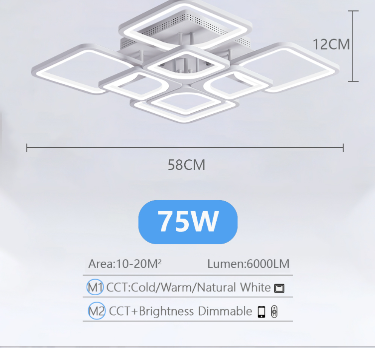 LuxiLamps - LED Bluetooth 4x4 Head Ceiling Lamp - Smart Lamp - 60 cm - White - Remote Control and APP - Living Room Lamp - Ceiling Lamp
