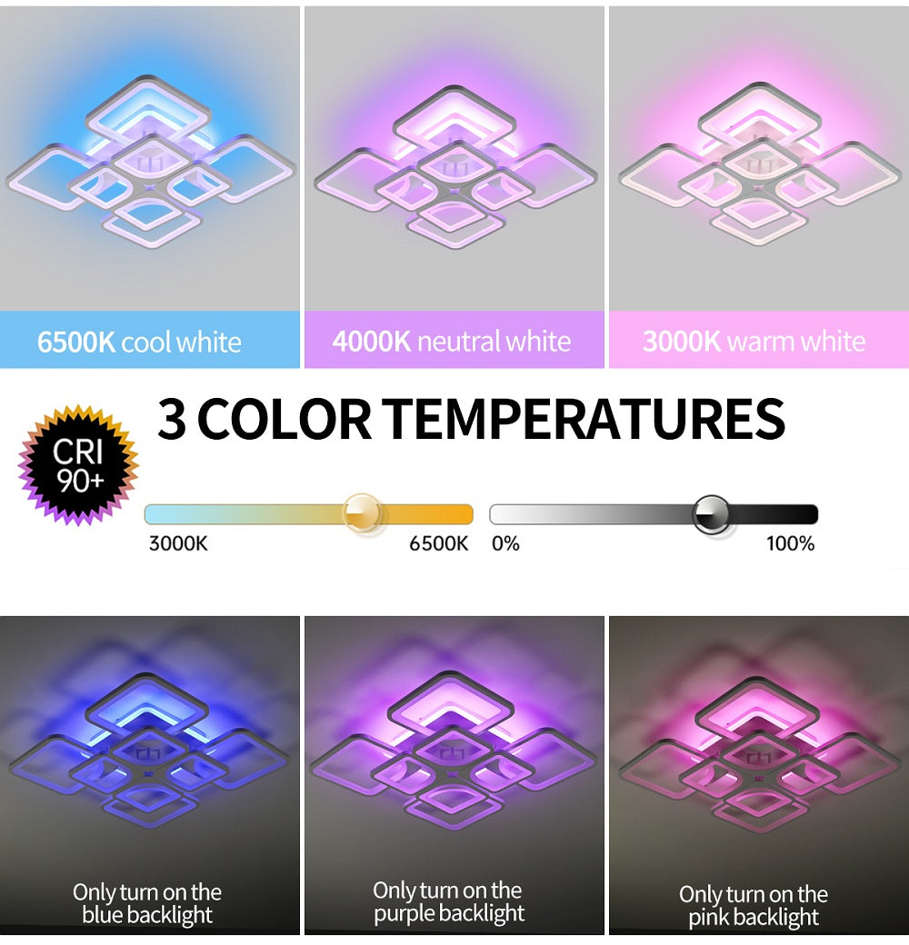 LuxiLamps - LED Bluetooth 4x4 RGB - Ceiling Lamp With Remote Control - Smart Lamp White - Dimmable With App - Living Room Lamp - Modern Lamp - Ceiling Light