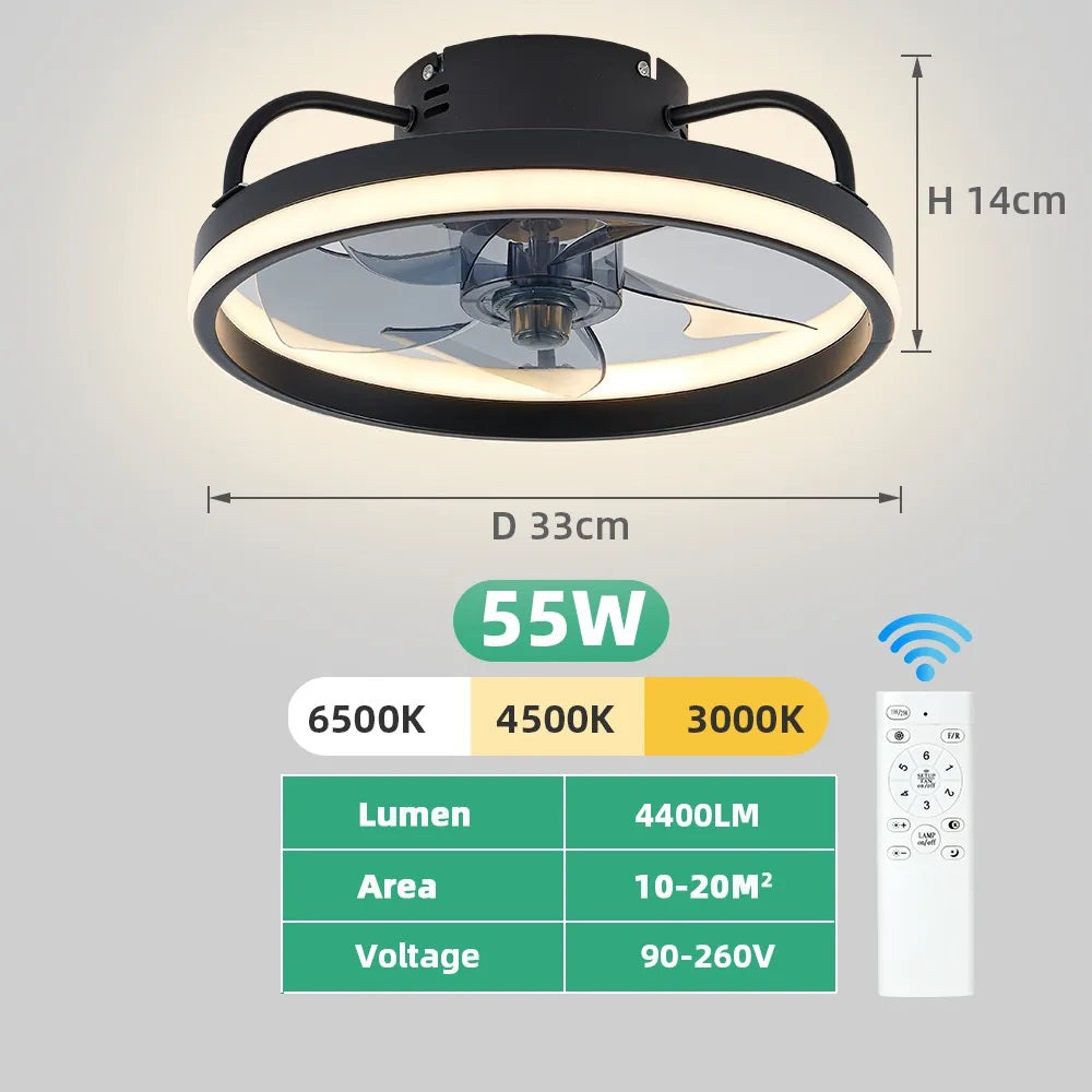 LuxiLamps - LED Ventilator Plafondlamp - APP - Plafondventilator - Zwart - Met Dimmer - 33 cm - 6 Standen Ventilator - Keuken Lamp - Woonkamerlamp - Moderne Lamp