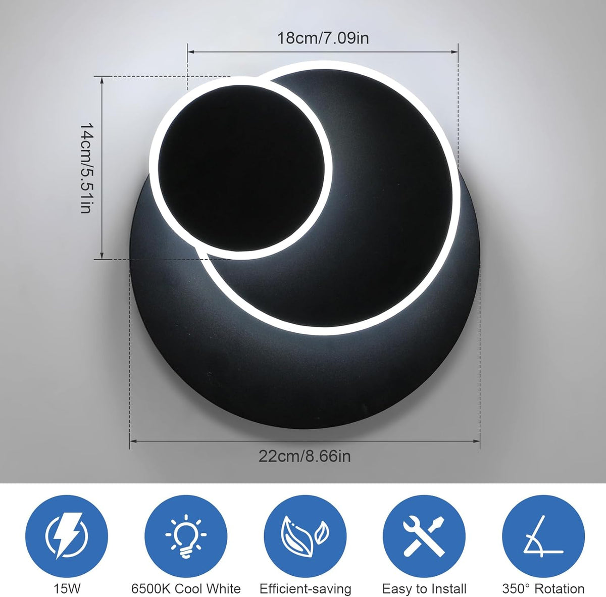 LuxiLamps - Led Wandlamp - 350 ° Draaibaar - Moderne Wandlamp - Zwart - Wall Lamp - LED Muurverlichting