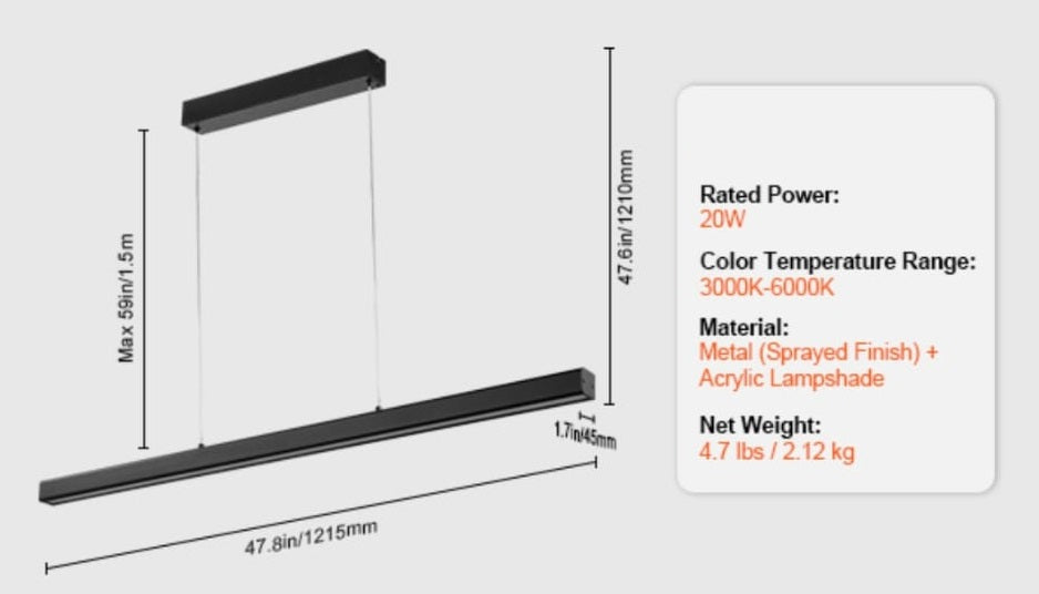 LuxiLamps - Linear Pendant Light - 120 cm - Black - Dimmable with Remote Control - Above Dining Table - LED Chandelier - 20W