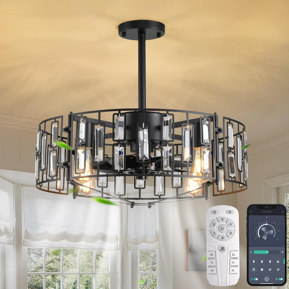 LuxiLamps - Modern Crystal Cage Fan - Ceiling Fan - 6 Speeds - Black - 50 cm - With Remote Control - Chandelier Fan - Living Room Lamp