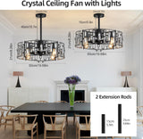 
LuxiLamps - Modern Crystal Cage Fan - Ceiling Fan - 6 Speeds - Black - 50 cm - With Remote Control - Chandelier Fan - Living Room Lamp