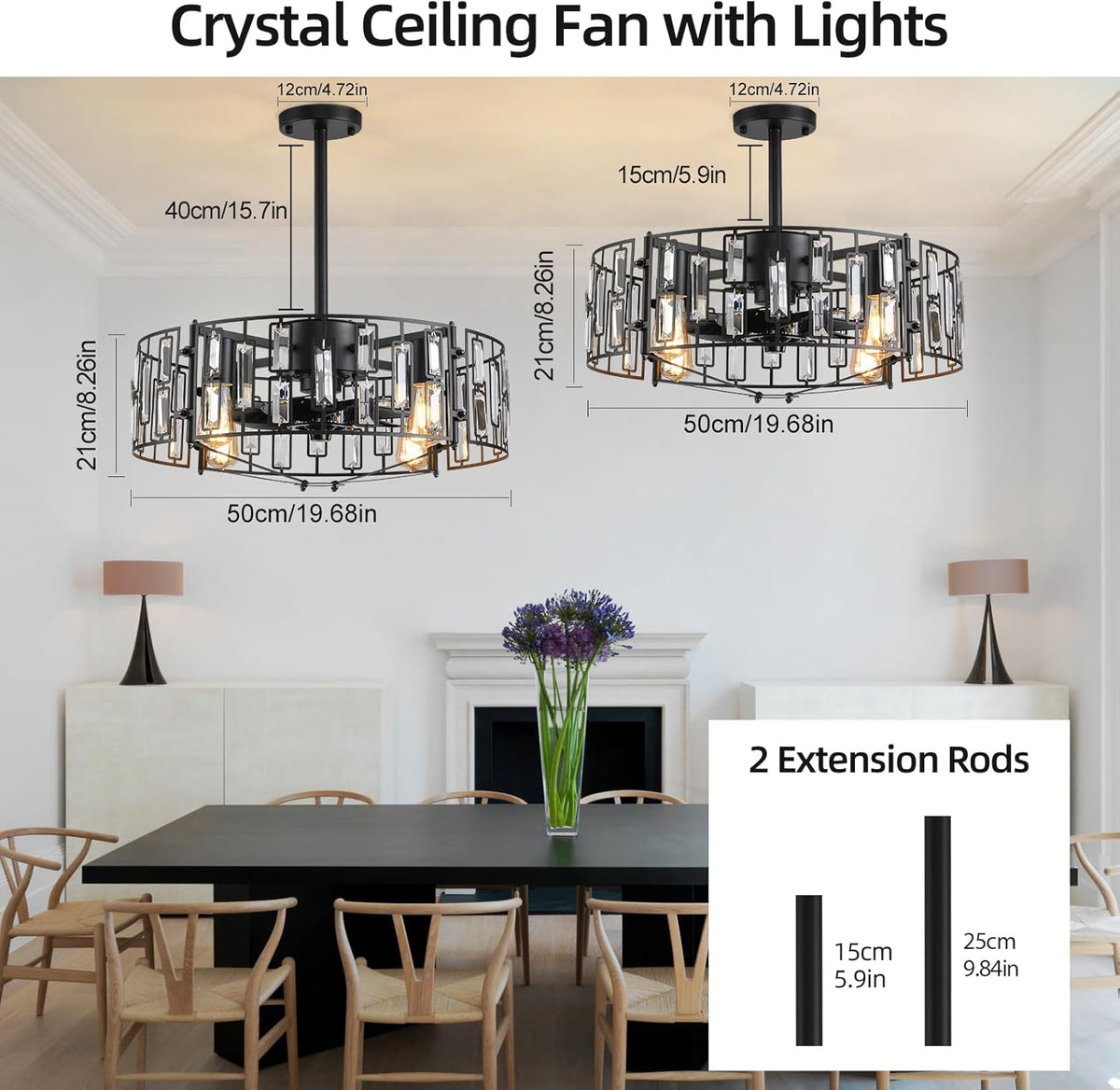 LuxiLamps - Modern Crystal Cage Fan - Ceiling Fan - 6 Speeds - Black - 50 cm - With Remote Control - Chandelier Fan - Living Room Lamp