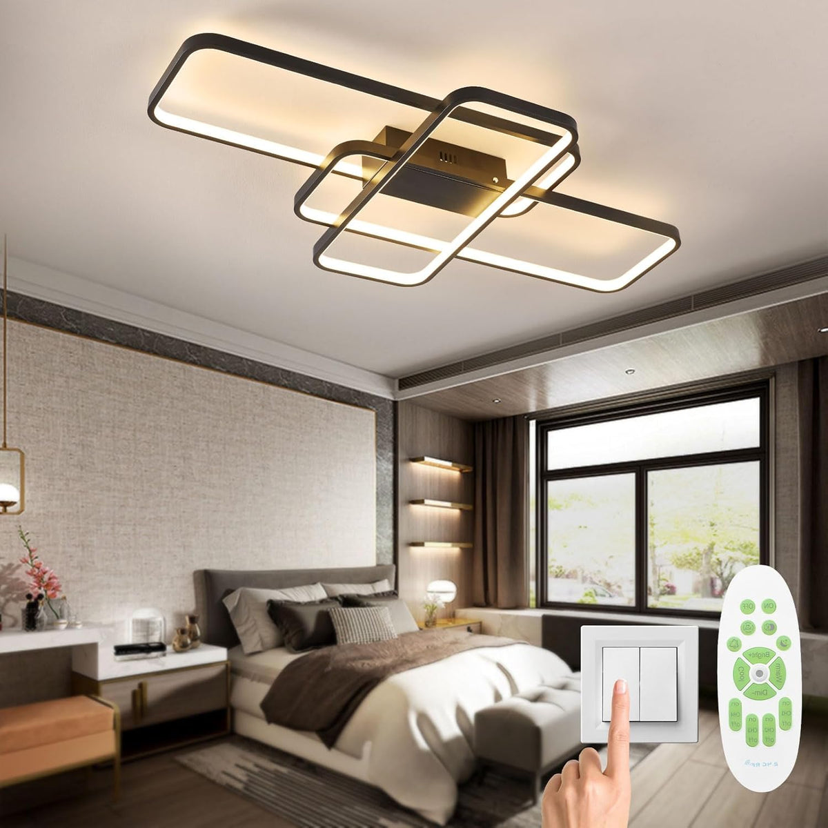 Black Rectangular LED Ceiling Light - 62 W - Dimmable With Remote Control - Adjustable 3000–6000 K - Modern Chandelier For The Living Room