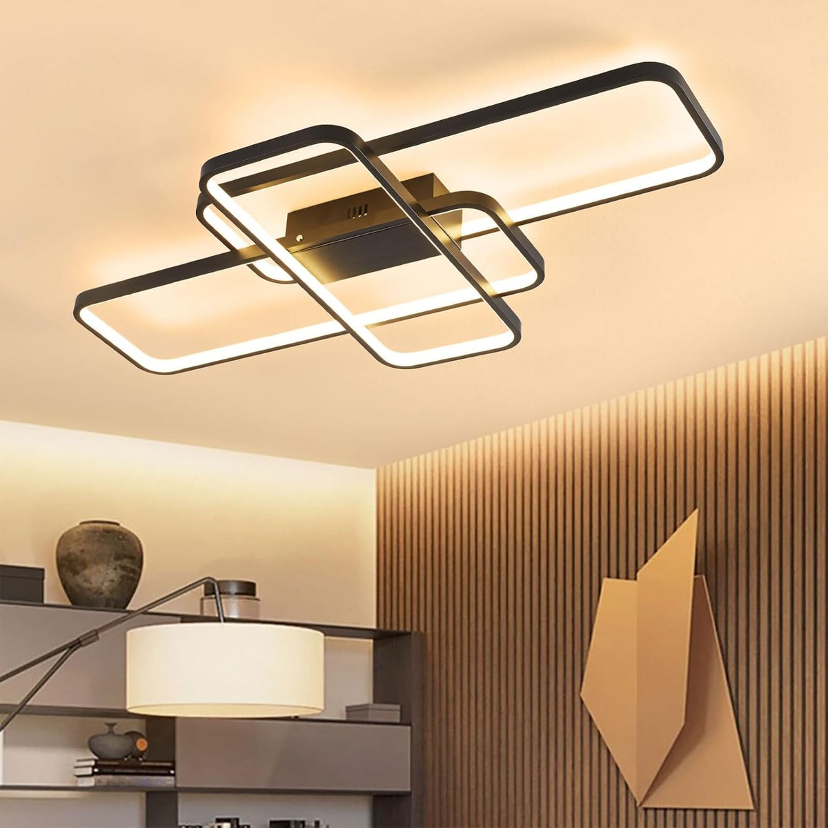 Black Rectangular LED Ceiling Light - 62 W - Dimmable With Remote Control - Adjustable 3000–6000 K - Modern Chandelier For The Living Room