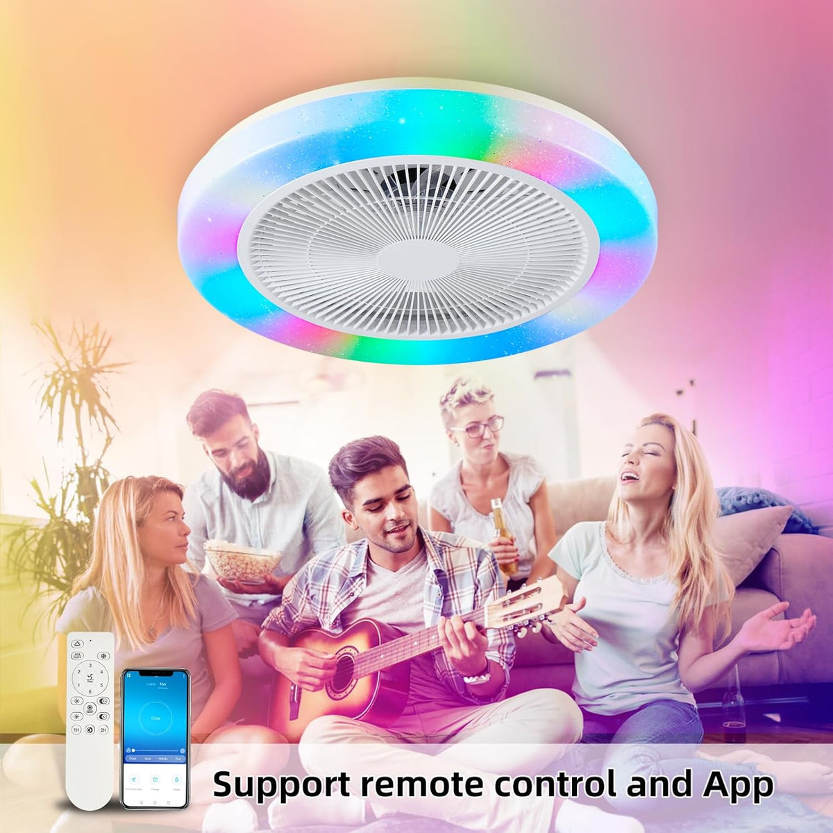 Modern RGB Ceiling Fan - LED Fan Light - 8 Colours - White - Dimmable - 6 Speeds - Remote Control And App - For Living Room