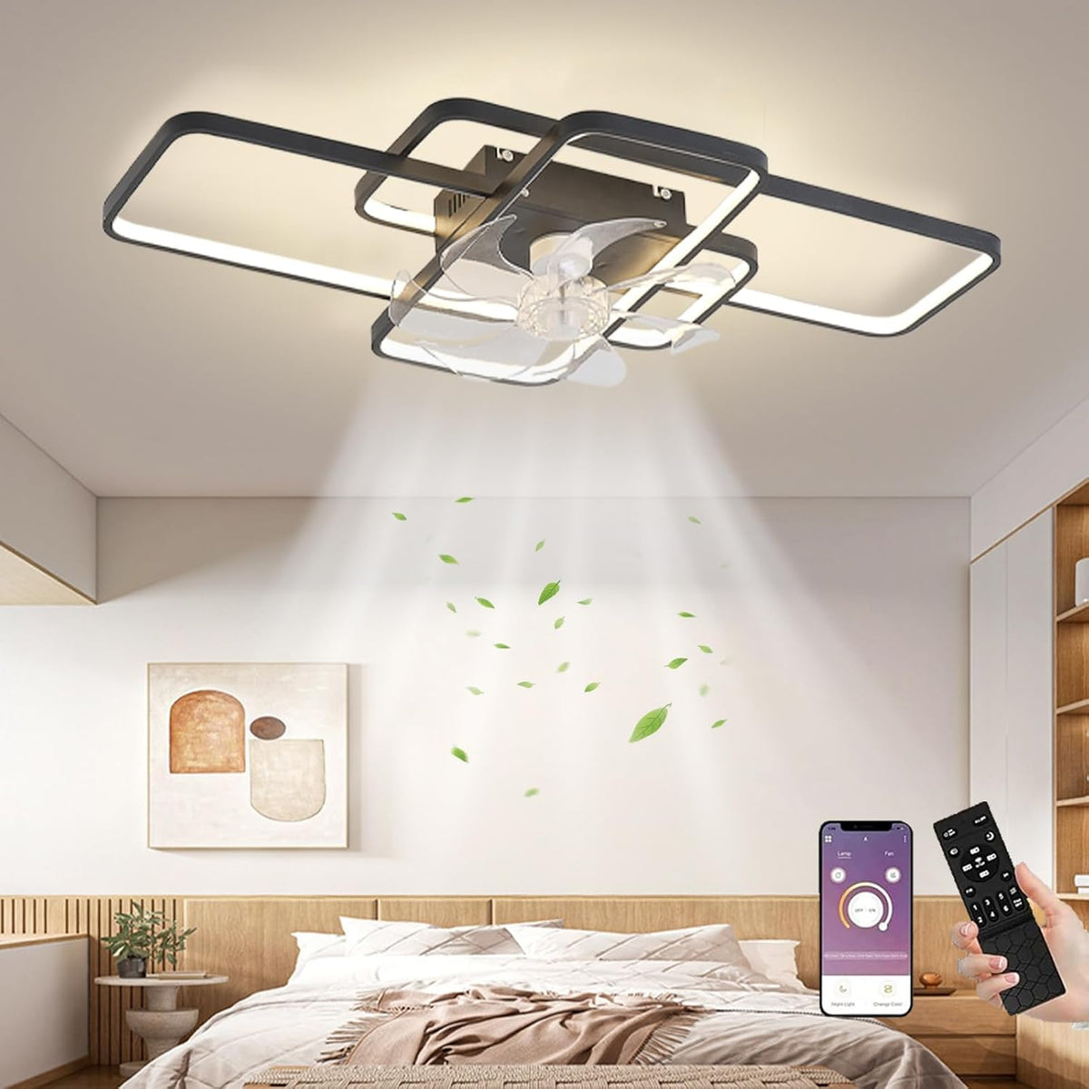 LuxiLamps - Moderne Smart Lamp Ventilator - Dimbaar - LED Plafond Ventilator - Zwart - Moderne Kroonluchter Ventilator - 72 cm - Woonkamerlamp