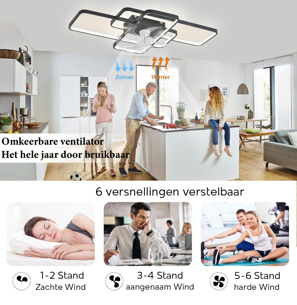 LuxiLamps - Moderne Smart Lamp Ventilator - Dimbaar - LED Plafond Ventilator - Zwart - Moderne Kroonluchter Ventilator - 72 cm - Woonkamerlamp