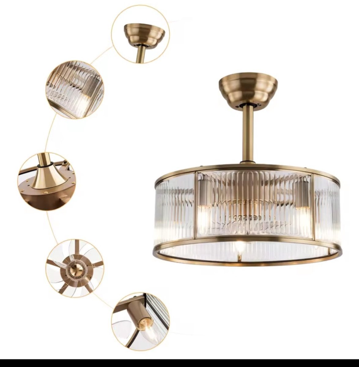 LuxiLamps - Ceiling Fan - Gold - 6 Speeds - 45 cm - Dimmable With Remote Control - Chandelier Fan - Living Room Lamp