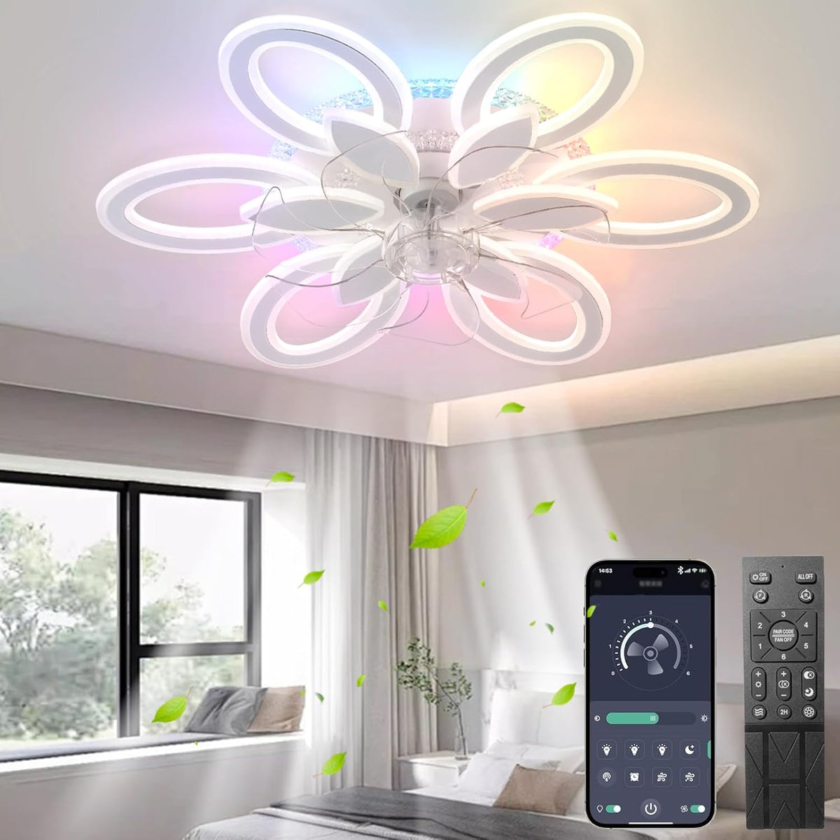 LuxiLamps - RGB Flower Fan - Dimmable With Remote Control And App - 6 Settings - Ceiling Fan - White - 65 cm - Living Room Lamp - Modern Lamp - 97W