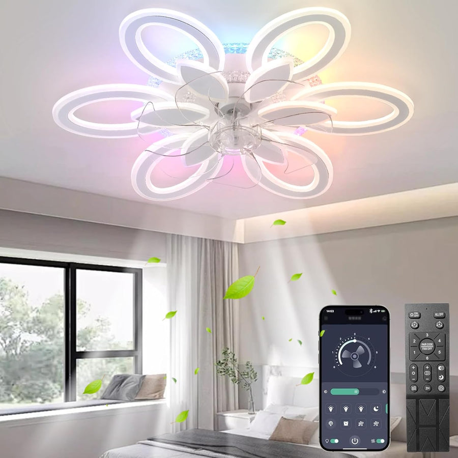 LuxiLamps - RGB Flower Fan - Dimmable With Remote Control And App - 6 Settings - Ceiling Fan - White - 65 cm - Living Room Lamp - Modern Lamp - 97W