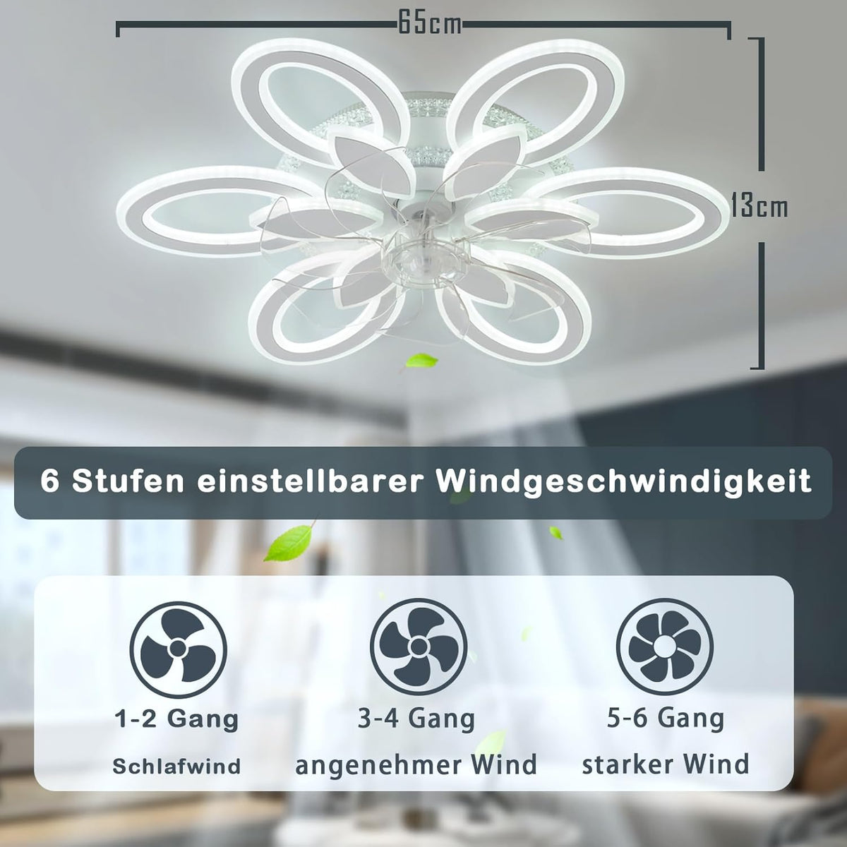 LuxiLamps - RGB Flower Fan - Dimmable With Remote Control And App - 6 Settings - Ceiling Fan - White - 65 cm - Living Room Lamp - Modern Lamp - 97W