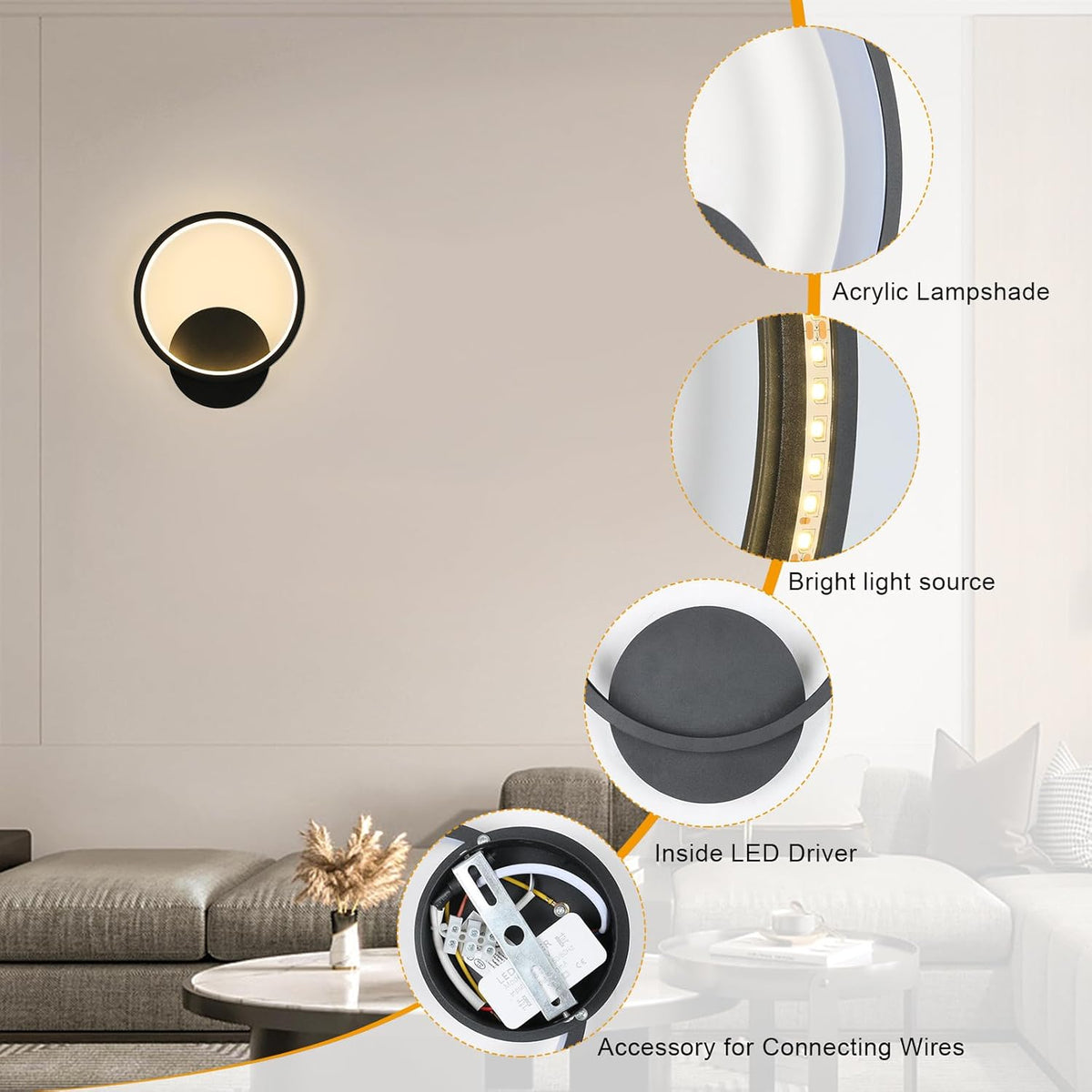 Ring LED Wall Lamp - Black - Warm White Light - Not Dimmable - Modern Wall Decoration