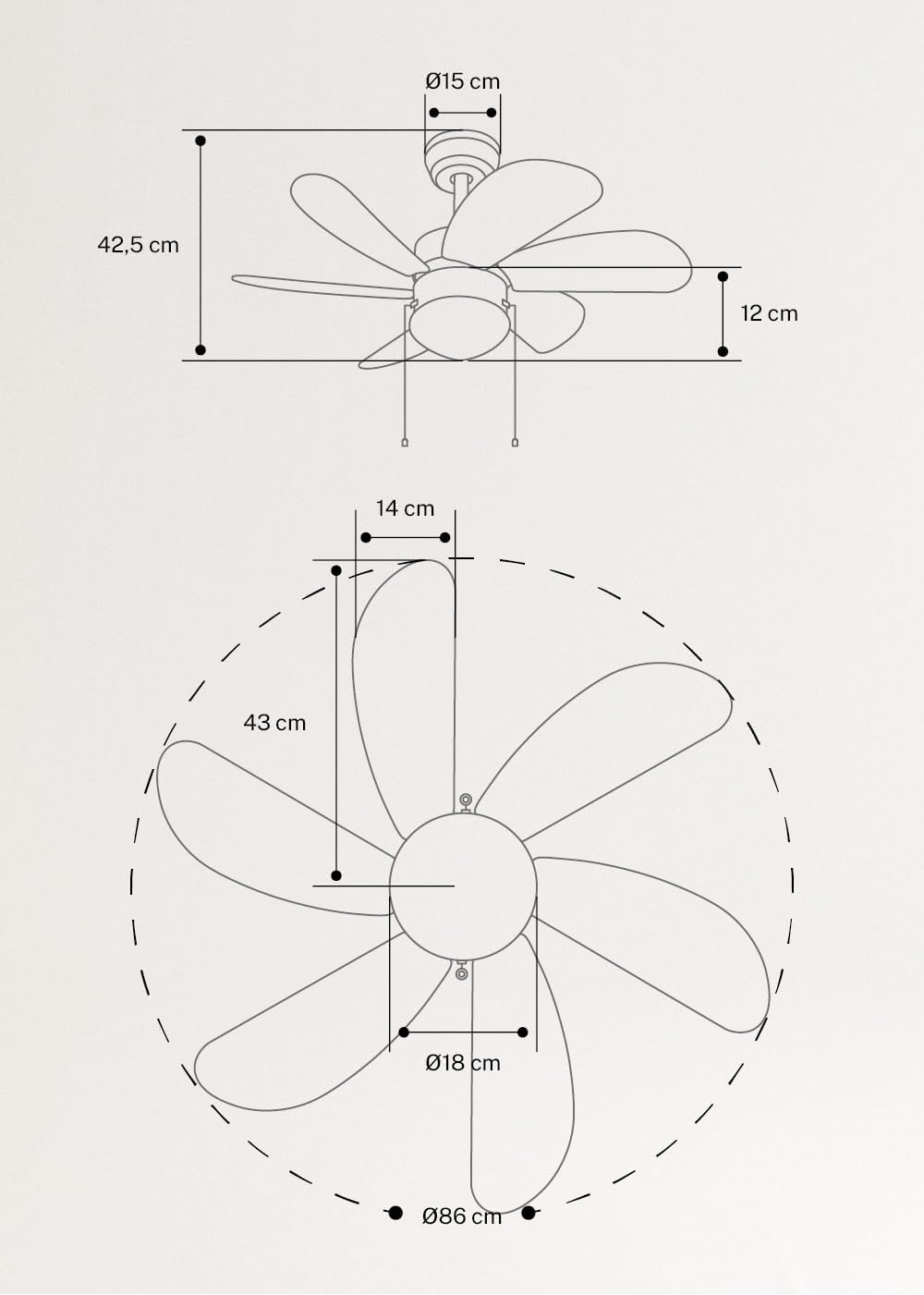 LuxiLamps - Stille 6 Blad Plafondventilator - 3 Snelheden - Ketting Schakelaar - Omkeerbaar Blad - 80 cm - Blauw - Woonkamerlamp - Keuken - Slaapkamer - Moderne Ventilator Lamp