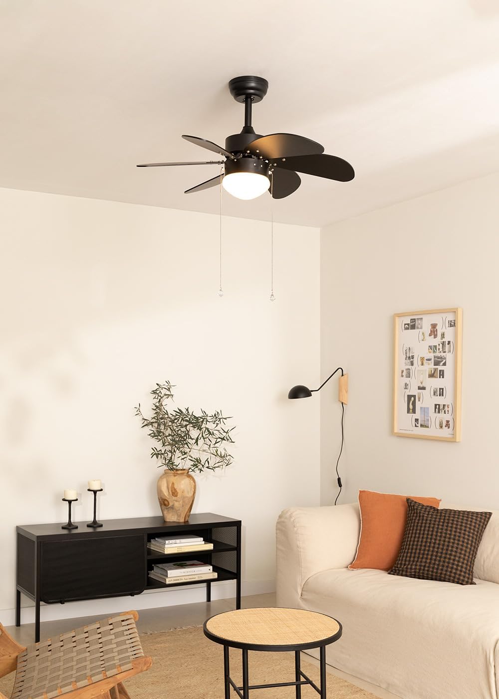 LuxiLamps - Quiet 6-Blade Ceiling Fan - 6 Speeds - Pull Chain - 80 cm - Black - Living Room Light - Kitchen - Bedroom - Modern Fan Light