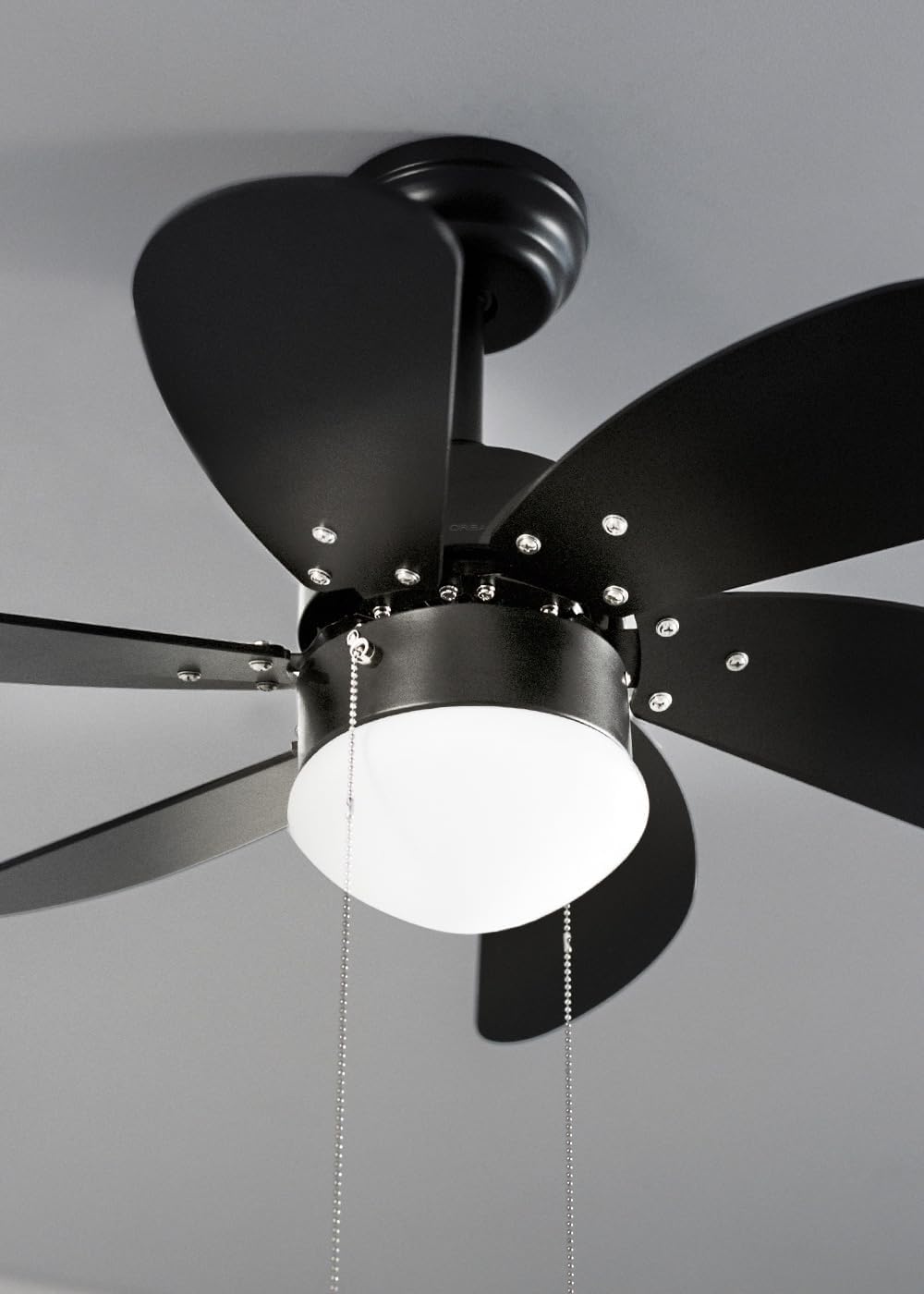 LuxiLamps - Quiet 6-Blade Ceiling Fan - 6 Speeds - Pull Chain - 80 cm - Black - Living Room Light - Kitchen - Bedroom - Modern Fan Light