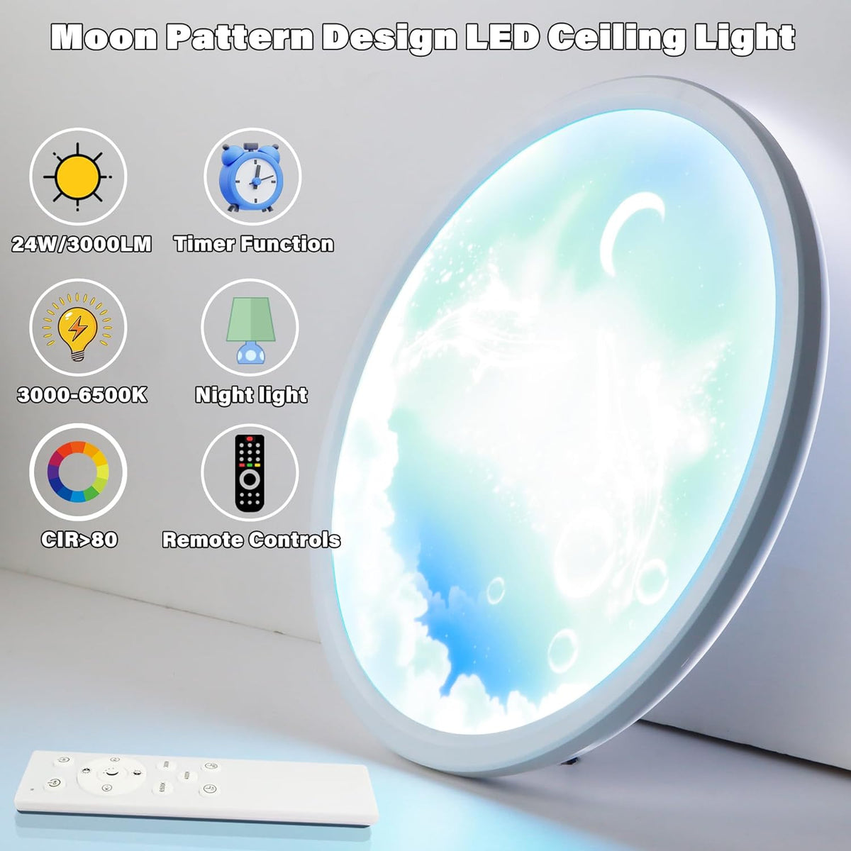 Moon LED Ceiling Light - Length 29.5 cm - 3 Light Colours - Dimmable With Remote Control - Timer - Kids Room And Bedroom - Ceiling Fixture