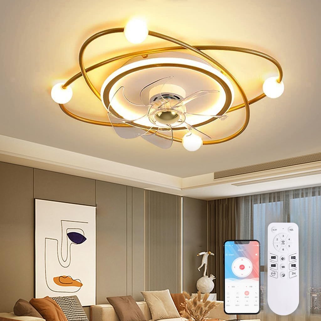 Krullen Ventilator Plafondlamp - Plafondventilator 50 cm - Goud - Smart Lamp - Met Dimmer - 6 Standen Ventilator - Keuken Lamp - Woonkamerlamp - Moderne Lamp - Slaapkamer Lamp Ventilator
