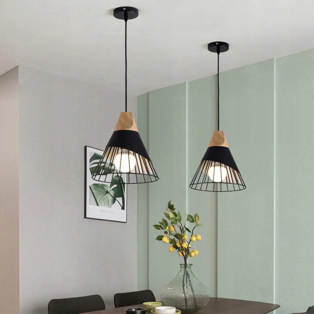 Modern Elegant Pendant Lamp - Wooden Accent - Black - 25 cm - Dining Room Lamp - Chandelier - Black - Living Room Lamp