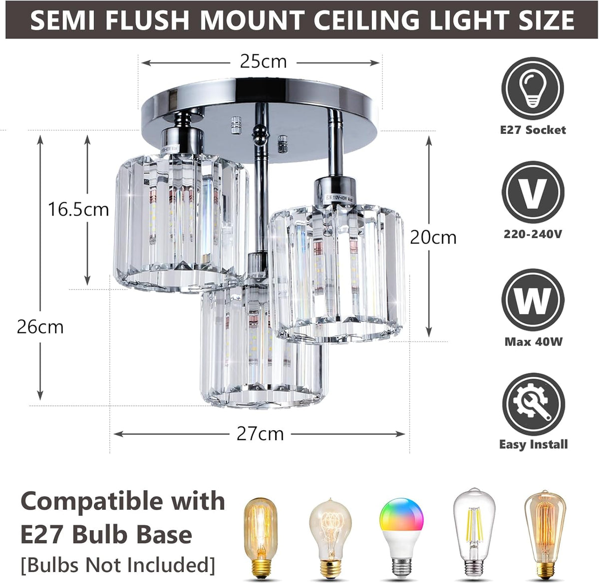 Modern Crystal Chandelier - 3-Head Crystal Ceiling Lamp - K9 Crystal - E27 - Chrome - Lighting - Flush Mount Ceiling Light