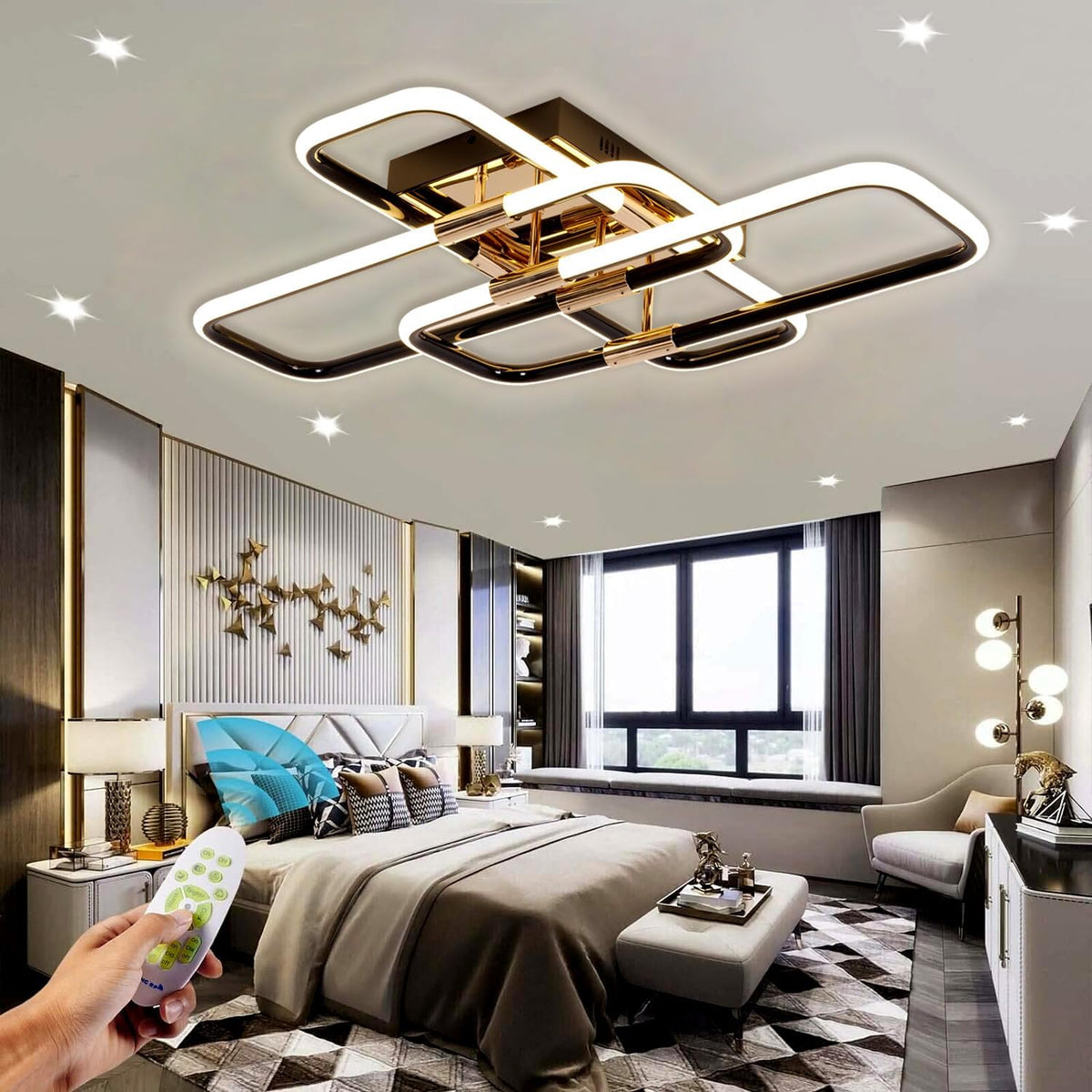 LED Plafondlamp - 3 Rechthoekige Frames - Zwart/Goud - Dimbaar Met Afstandsbediening - Geheugenfunctie - Woonkamer En Slaapkamer