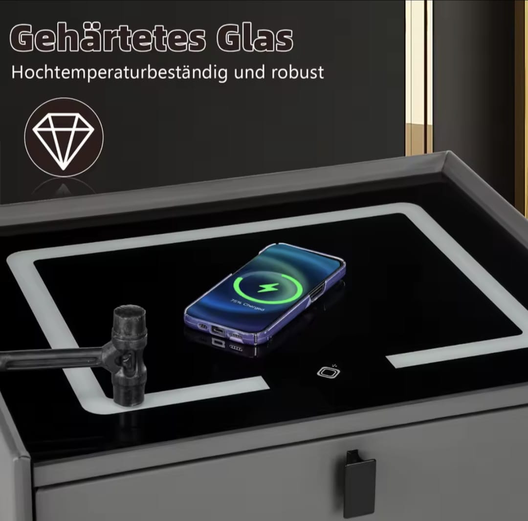 Nightstand With LED - 3 USB Ports - Wireless Charging - Grey - 2 Drawers - 50x45x40cm - Smart Bedside Table - Bedroom - 3 Color LED