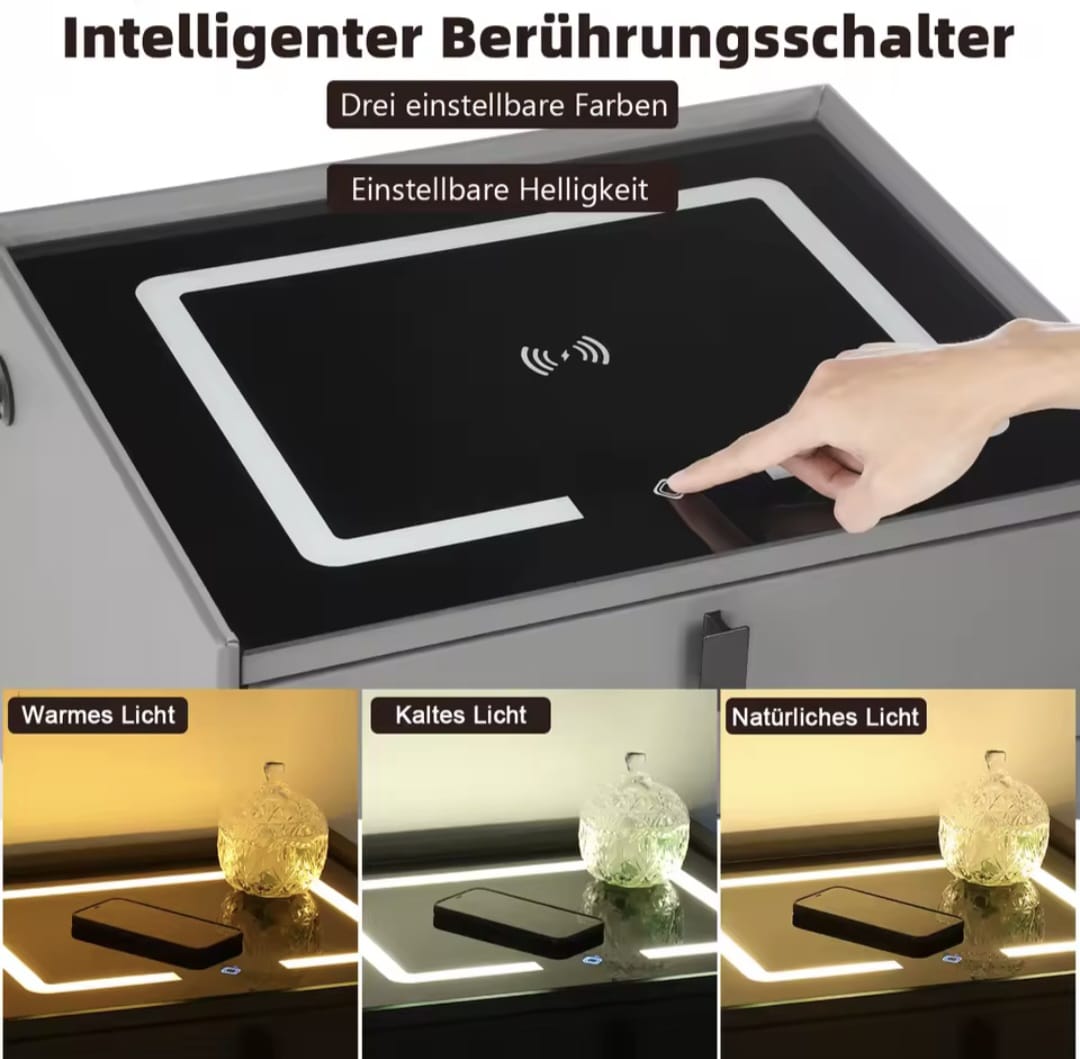 Nightstand With LED - 3 USB Ports - Wireless Charging - Grey - 2 Drawers - 50x45x40cm - Smart Bedside Table - Bedroom - 3 Color LED