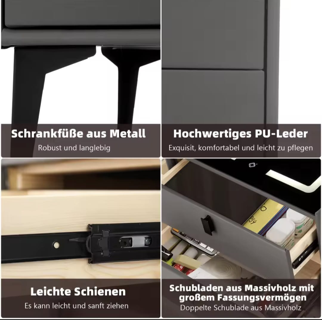 Nightstand With LED - 3 USB Ports - Wireless Charging - Grey - 2 Drawers - 50x45x40cm - Smart Bedside Table - Bedroom - 3 Color LED