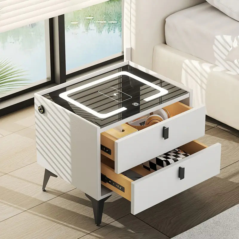 Nightstand with LED - 3 USB Ports - Wireless Charging - White - 2 Drawers - 50x45x40cm - Smart Nightstand - Bedroom - 3 Color LED