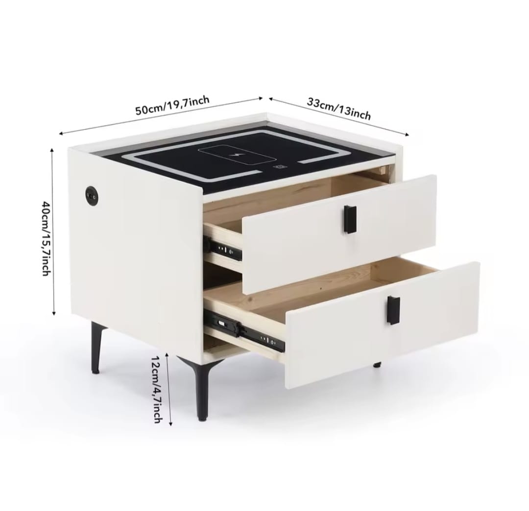 Nightstand with LED - 3 USB Ports - Wireless Charging - White - 2 Drawers - 50x45x40cm - Smart Nightstand - Bedroom - 3 Color LED