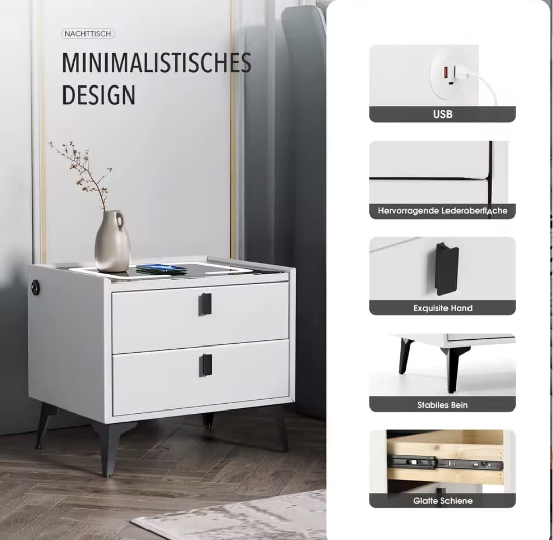 Nightstand with LED - 3 USB Ports - Wireless Charging - White - 2 Drawers - 50x45x40cm - Smart Nightstand - Bedroom - 3 Color LED