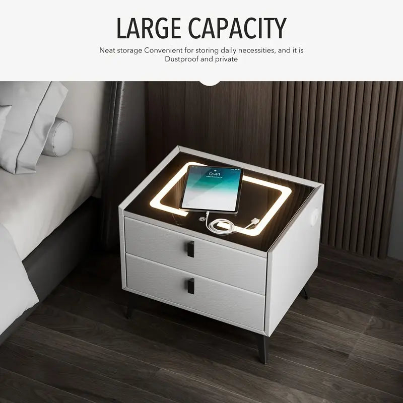 Nightstand with LED - 3 USB Ports - Wireless Charging - White - 2 Drawers - 50x45x40cm - Smart Nightstand - Bedroom - 3 Color LED