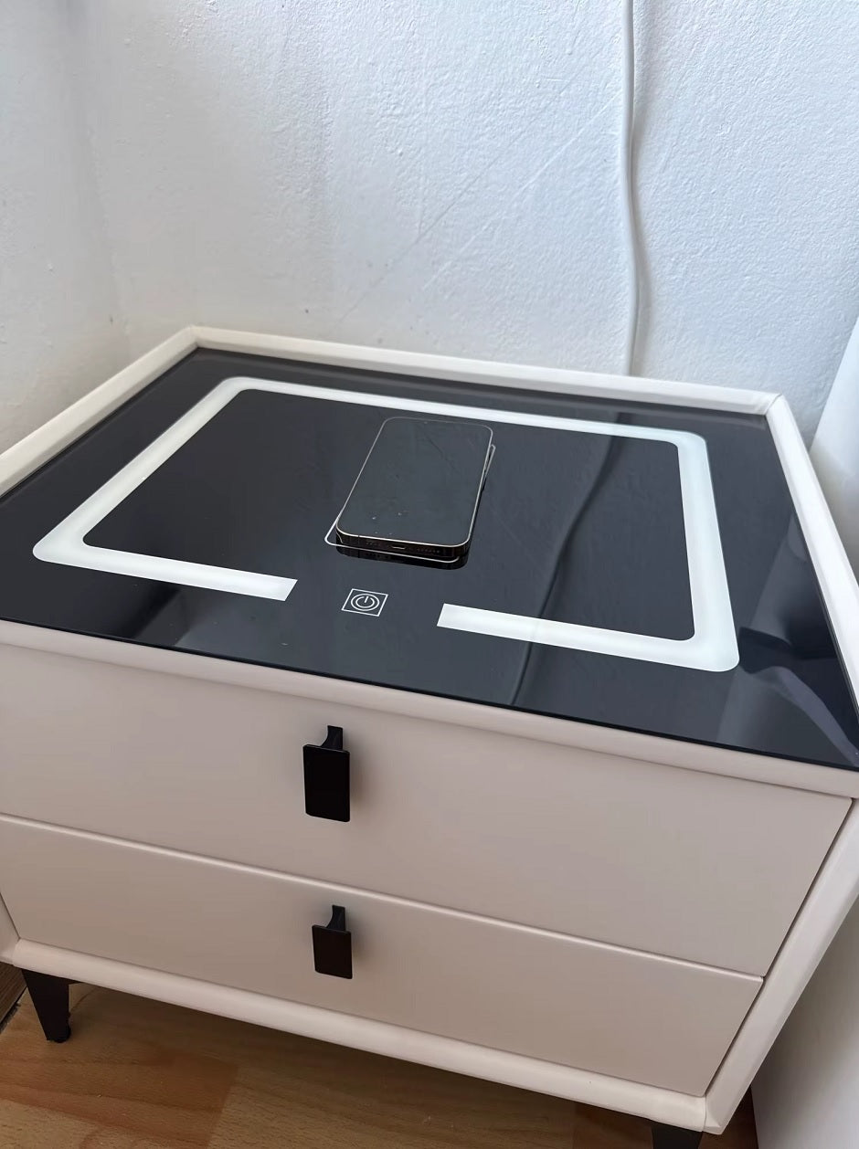 Nightstand with LED - 3 USB Ports - Wireless Charging - White - 2 Drawers - 50x45x40cm - Smart Nightstand - Bedroom - 3 Color LED