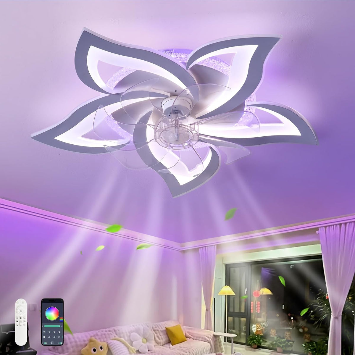 Plafond Ventilator Lamp - 55 CM - Smart Lamp - 6 Standen - Dimbaar - RGB - Wit - Kroonluchter Ventilator - 12 Kleuren - Chandelier Fan - Woonkamer Lamp - Ventilator Lamp