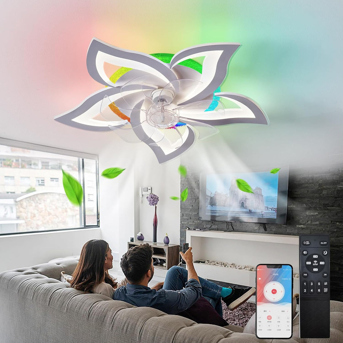 Plafond Ventilator Lamp - 55 CM - Smart Lamp - 6 Standen - Dimbaar - RGB - Wit - Kroonluchter Ventilator - 12 Kleuren - Chandelier Fan - Woonkamer Lamp - Ventilator Lamp