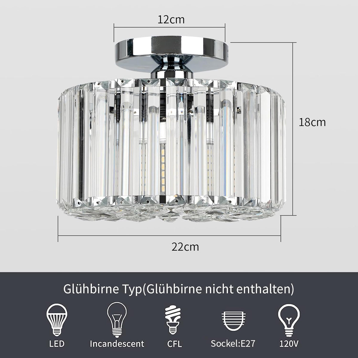 Plafondlamp - Verlichting - Gangpad - Lamp - Kristal Look - Plafonnière - 22 cm - Rond - Chroom - E27