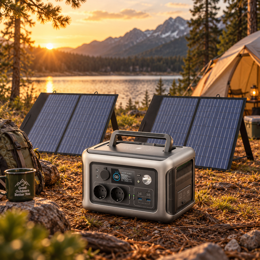 Powerstation - Generator - Aggregaat - Powerbank - Draagbare - 299Wh LiFePO4 - met 600W AC Uitgang en 2x 100W Zonnepaneel - voor Off-Grid, Camping en Noodstroom