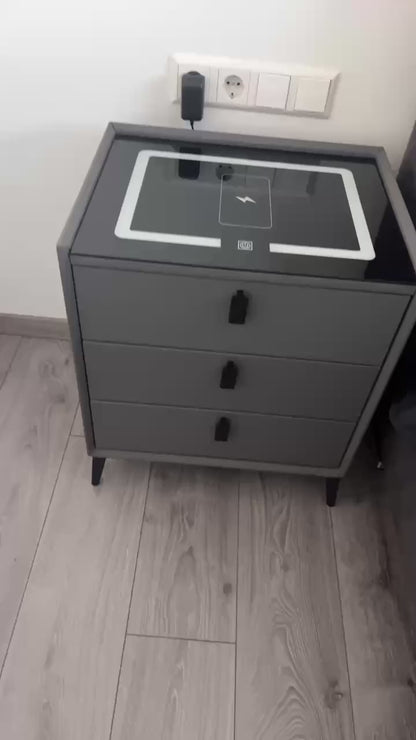 Nachtkast Met LED - 3 USB Poorten - Draadloos Opladen - Grijs - 3 Laden - 60x50x45cm - Slim Nachtkastje - Slaapkamer - 3 Kleuren LED