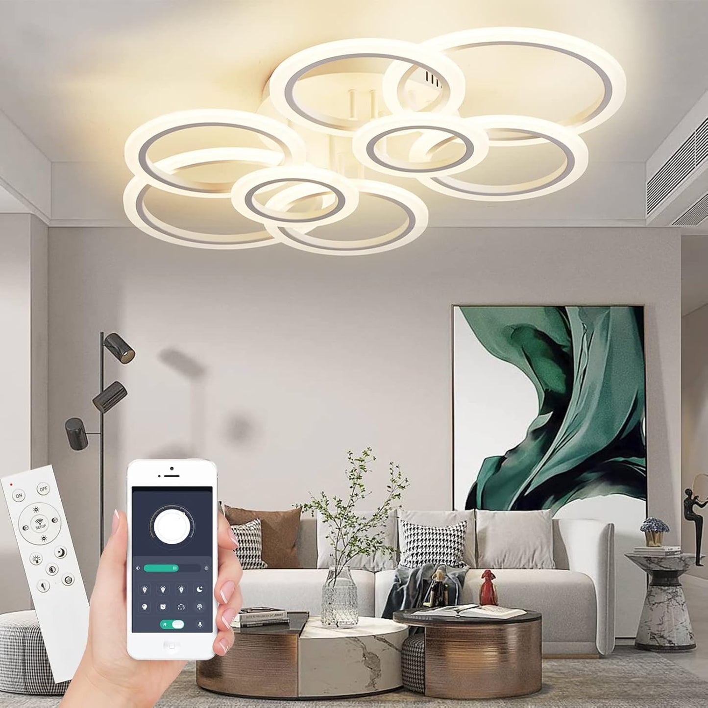 8 Ringen Plafondlamp - Kroonluchter - Wit - Dimbaar Met Afstandsbediening & App - Woonkamerlamp - 85 cm - LED Ringen Plafondlamp - 100W