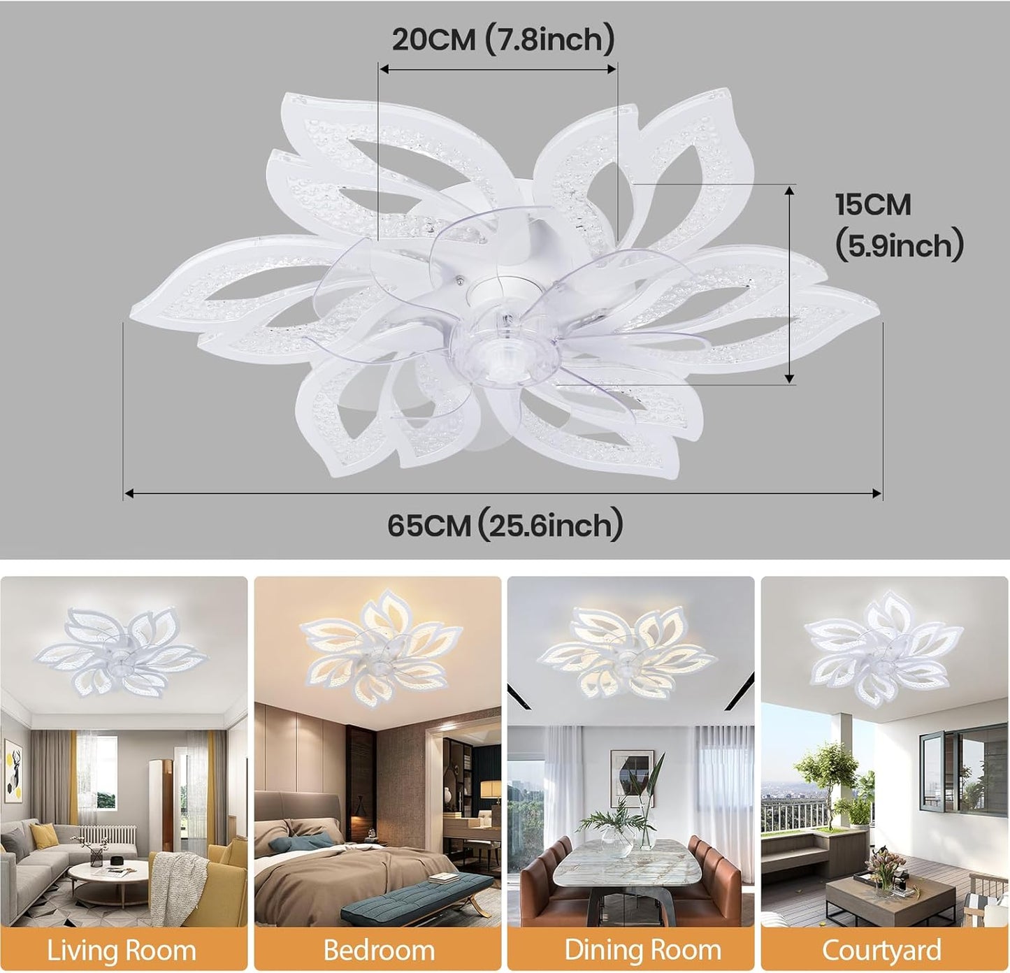 6 Bloem Crystal Ventilator Lamp - Plafondventilator - Wit - 6 Standen - Smart Lamp - Dimbaar - Kroonluchter Ventilator - Chandelier Fan - Woonkamerlamp - Ventilator Lampen