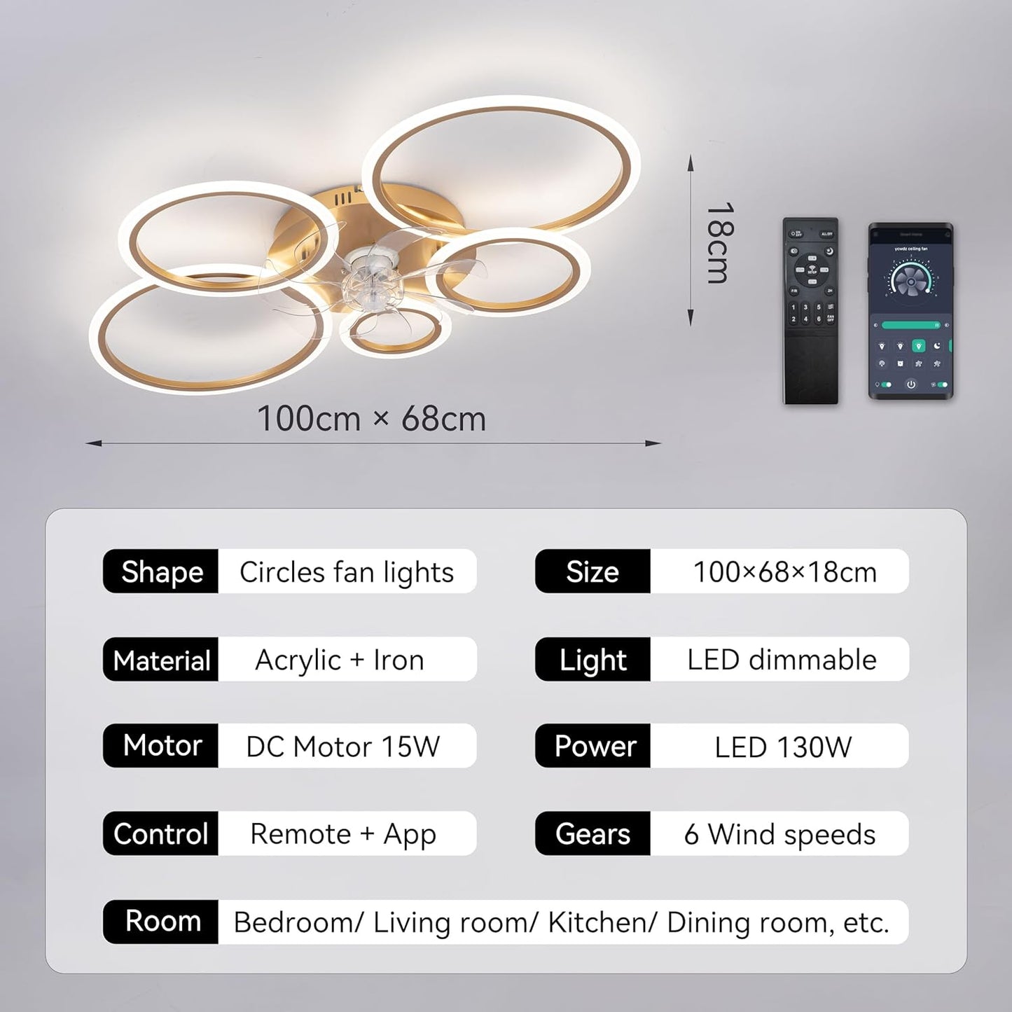 LuxiLamps - 5 Ringen Plafondventilator - Goud - 6 Snelheden - Bedienbaar Met Alexa & Google Assistant - Moderne Cirkel Ventilator Licht