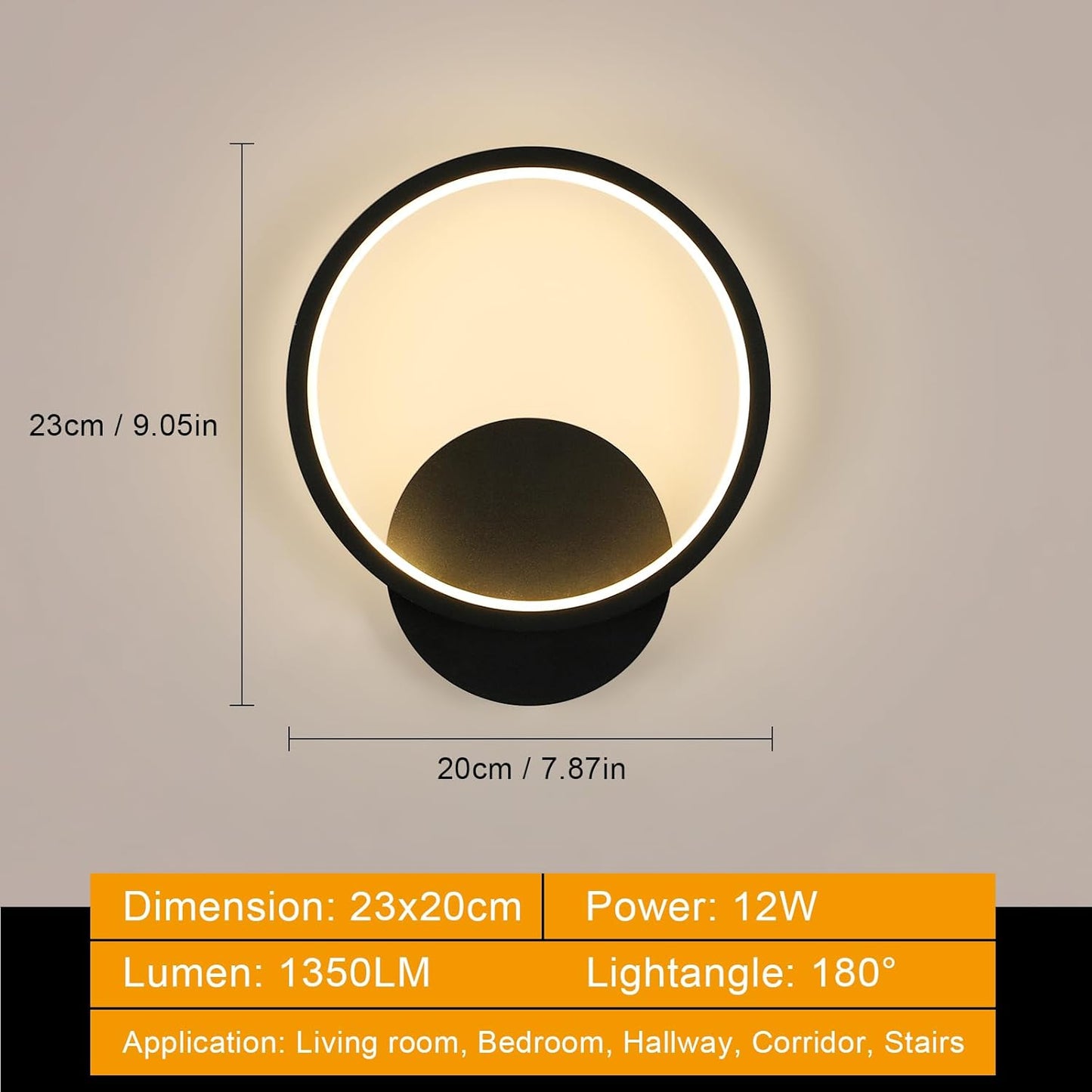 LuxiLamps - Ring LED Wandlamp - Moderne Wandverlichting - 20 cm - Zwart - Muur Lamp - Muur Decoratie