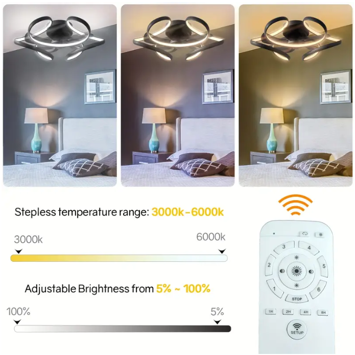 LuxiLamps - Krullen Ventilator Plafondlamp - Plafondventilator 50 cm - Zwart - Smart Lamp - Met Dimmer - 6 Standen Ventilator - Keuken Lamp - Woonkamer Lamp - Moderne Lamp - Slaapkamer Lamp Ventilator